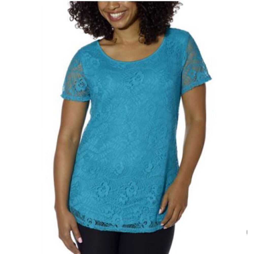 Leo & Nicole Women's Blue Crochet Overlay Cotton Blend Short Sleeve Top Medium